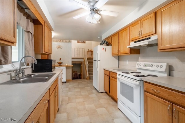 1922 W 38th St, Lorain, OH 44053 - kitchen with white appliances, under cabinet range hood, light floors, ceiling fan, and a sink