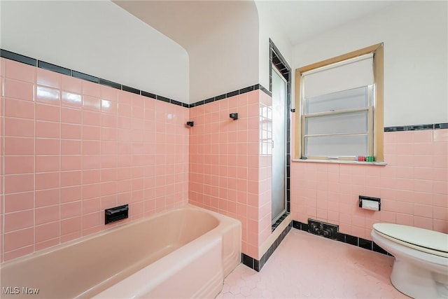 3573 Severn Rd, Cleveland Heights, OH 44118 - full bath featuring toilet, tile walls, a shower, a bathtub, and tile patterned floors
