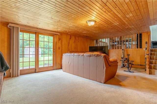 731 39th St SW, Canton, OH 44706 - living room with wooden walls, carpet, and wood ceiling