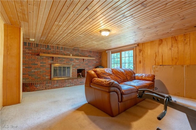 731 39th St SW, Canton, OH 44706 - carpeted living area featuring wooden ceiling, a brick fireplace, brick wall, and wood walls