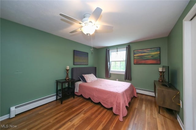 12274 Kile Rd, Chardon, OH 44024 - bedroom featuring a baseboard heating unit, wood finished floors, and ceiling fan