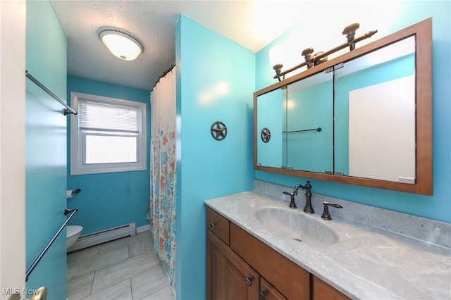 12274 Kile Rd, Chardon, OH 44024 - full bathroom with a baseboard heating unit, vanity, tile patterned flooring, and a shower with shower curtain