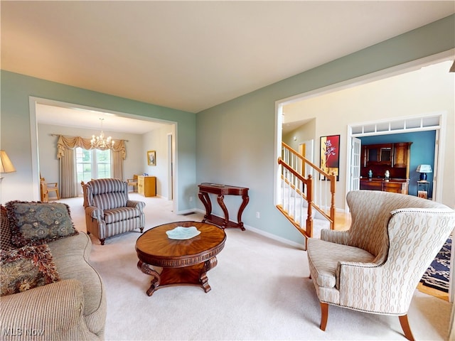 4171 Appleridge Ln, Richfield, OH 44286 - carpeted living area with a chandelier, stairs, and baseboards