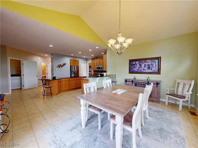 4171 Appleridge Ln, Richfield, OH 44286 - dining space featuring light tile patterned floors, a chandelier, lofted ceiling, recessed lighting, and baseboards