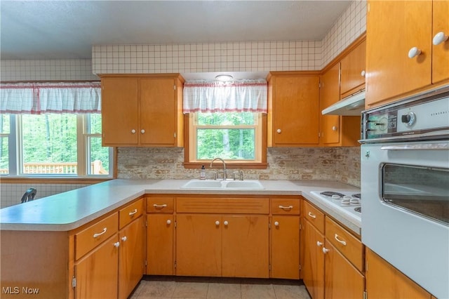 17444 Old State Rd, Middlefield, OH 44062 - kitchen with white appliances, under cabinet range hood, a sink, and light countertops
