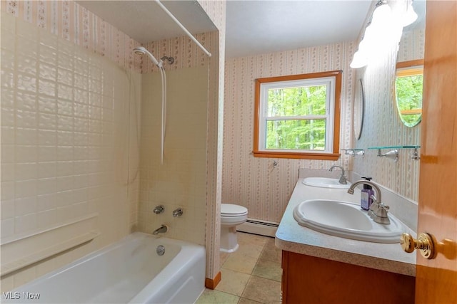 17444 Old State Rd, Middlefield, OH 44062 - bathroom with a baseboard radiator, wallpapered walls, washtub / shower combination, toilet, and double vanity