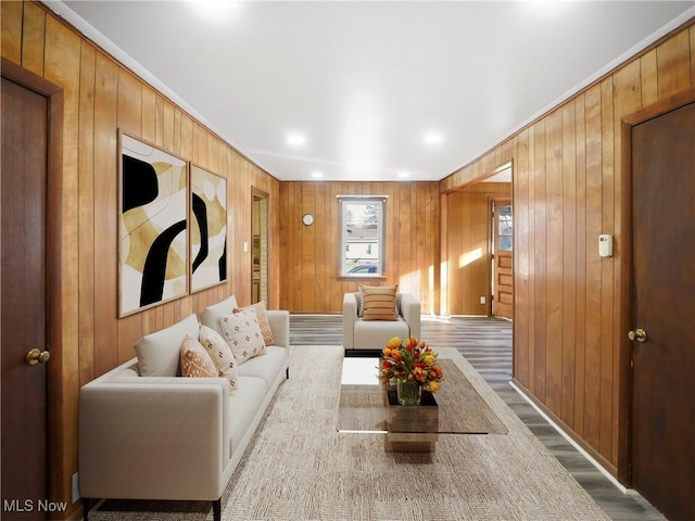 3000 Spitler Rd, Youngstown, OH 44514 - living room with wood finished floors, wooden walls, and recessed lighting