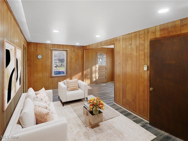 3000 Spitler Rd, Youngstown, OH 44514 - living area featuring wooden walls, wood finished floors, and recessed lighting
