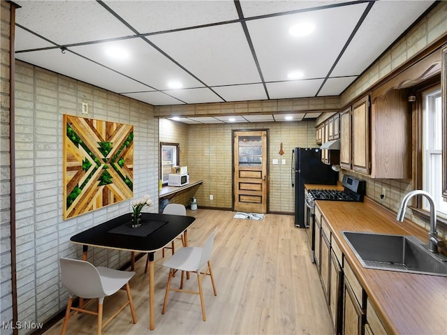 3000 Spitler Rd, Youngstown, OH 44514 - kitchen featuring a sink, stainless steel gas range, wood counters, light wood-style floors, and freestanding refrigerator