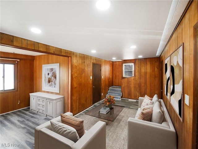 3000 Spitler Rd, Youngstown, OH 44514 - living room with wood finished floors, wooden walls, and recessed lighting