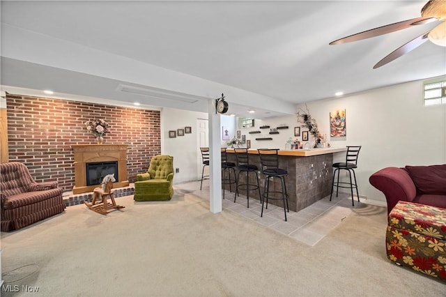4002 Canterbury Ct, Lorain, OH 44053 - indoor dry bar featuring carpet flooring, a fireplace, a ceiling fan, baseboards, and recessed lighting