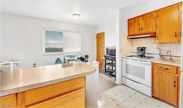 432-434 N Main St, Munroe Falls, OH 44262 - kitchen with white range with electric stovetop, under cabinet range hood, backsplash, light countertops, and light floors