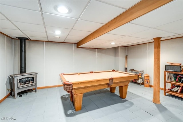 3690 Dornoch Dr, Wooster, OH 44691 - game room with a paneled ceiling, billiards, a wood stove, baseboards, and recessed lighting