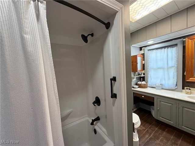199 E 3rd St, Zoar, OH 44697 - bathroom with shower / tub combo, vanity, toilet, and wood finished floors