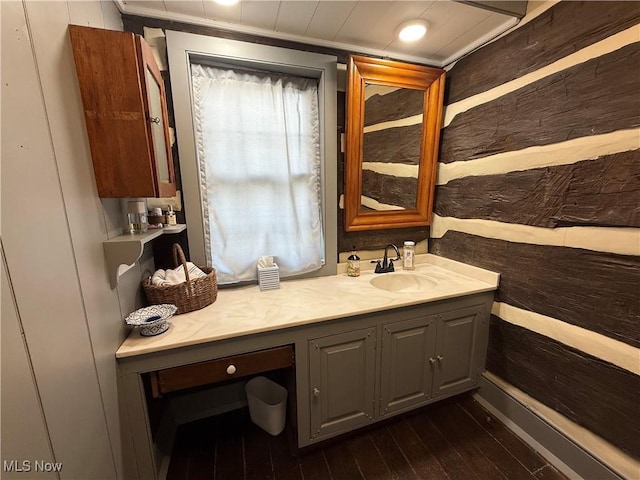 199 E 3rd St, Zoar, OH 44697 - bathroom featuring wood walls, vanity, wood-type flooring, and crown molding