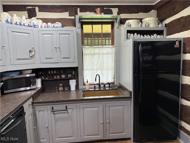 199 E 3rd St, Zoar, OH 44697 - kitchen with black appliances, a sink, open shelves, and dark countertops