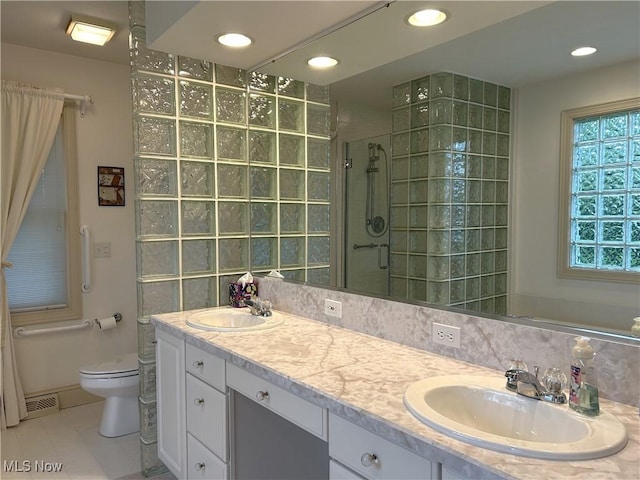 592 Charles Pl, Highland Heights, OH 44143 - full bathroom with toilet, a shower stall, double vanity, decorative backsplash, and tile patterned floors