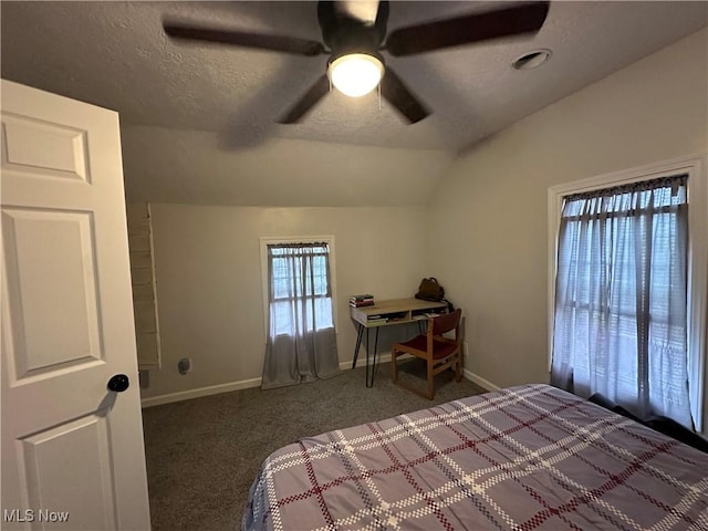 408 W Paradise St, Orrville, OH 44667 - bedroom featuring carpet floors, a textured ceiling, vaulted ceiling, baseboards, and a ceiling fan