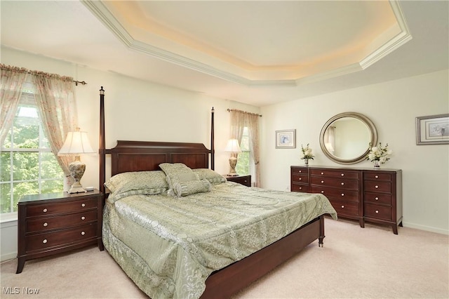 3563 Saint Andrews Ln, Richfield, OH 44286 - bedroom with a raised ceiling, multiple windows, light colored carpet, and ornamental molding