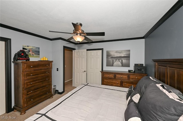 3576 Ellen Dr, Akron, OH 44312 - bedroom with light colored carpet, ornamental molding, and a ceiling fan
