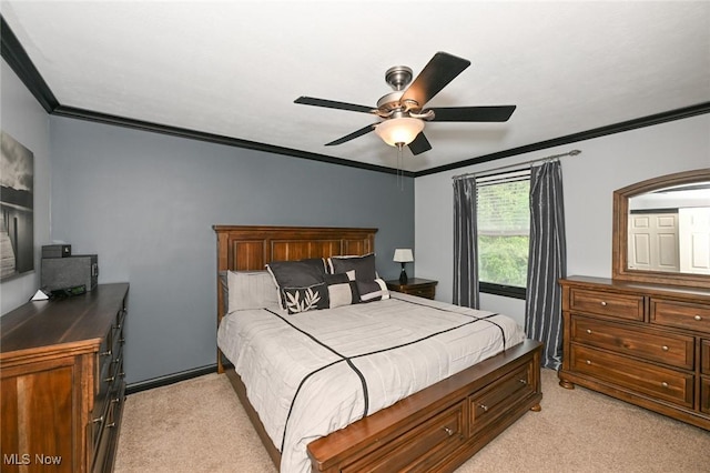 3576 Ellen Dr, Akron, OH 44312 - bedroom with light carpet, ornamental molding, and a ceiling fan