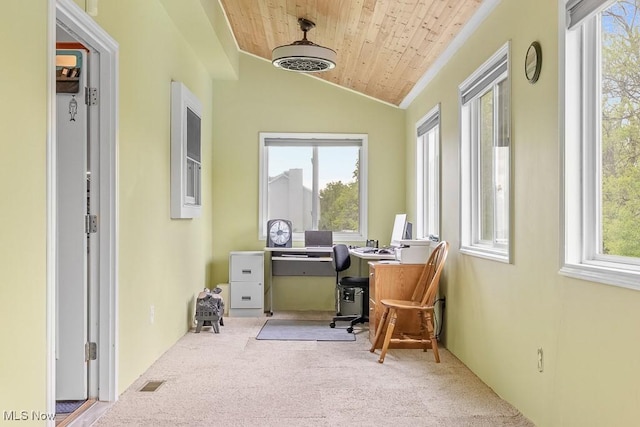 5215 Kapok Dr, Medina, OH 44256 - carpeted home office featuring wood ceiling and lofted ceiling
