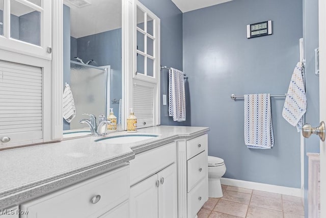 5215 Kapok Dr, Medina, OH 44256 - full bathroom with vanity, a shower with door, toilet, baseboards, and tile patterned floors