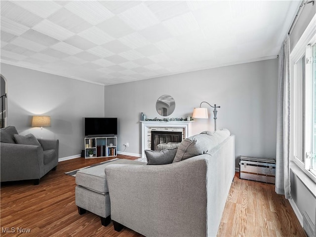 4482 Ranchview Ave, North Olmsted, OH 44070 - living room with ornamental molding, wood finished floors, healthy amount of natural light, a glass covered fireplace, and baseboards