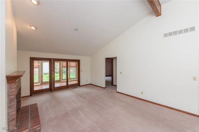 14250 Reserve Ln, Middleburg Heights, OH 44130 - unfurnished living room featuring light carpet, high vaulted ceiling, baseboards, beamed ceiling, and recessed lighting