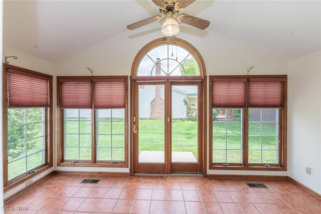 14250 Reserve Ln, Middleburg Heights, OH 44130 - doorway to outside featuring vaulted ceiling, light tile patterned flooring, and ceiling fan