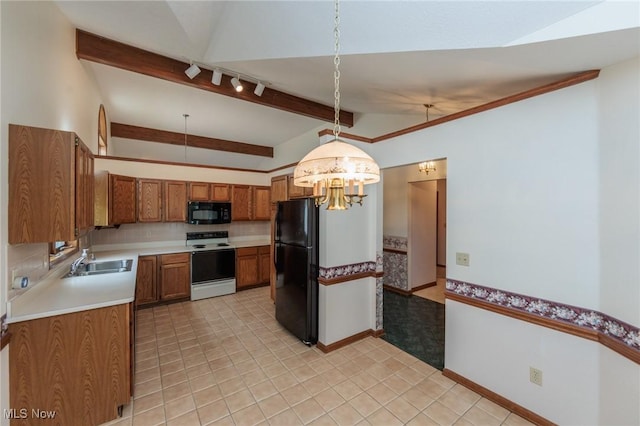 14250 Reserve Ln, Middleburg Heights, OH 44130 - kitchen with black appliances, a sink, brown cabinets, light countertops, and a chandelier