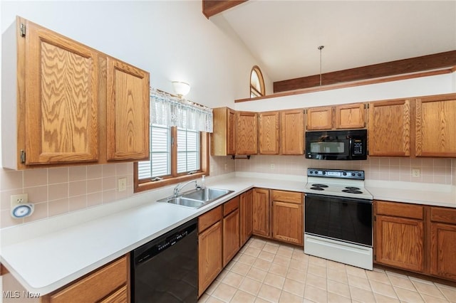 14250 Reserve Ln, Middleburg Heights, OH 44130 - kitchen featuring black appliances, a sink, tasteful backsplash, light countertops, and high vaulted ceiling