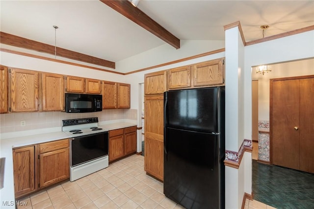 14250 Reserve Ln, Middleburg Heights, OH 44130 - kitchen with black appliances, tasteful backsplash, light countertops, brown cabinets, and light tile patterned flooring