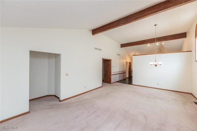 14250 Reserve Ln, Middleburg Heights, OH 44130 - unfurnished living room featuring a chandelier, beamed ceiling, carpet, baseboards, and high vaulted ceiling