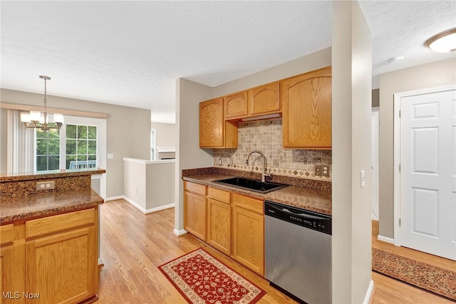 3527 Perry Ct, Lorain, OH 44053 - kitchen featuring stainless steel dishwasher, a sink, light wood-type flooring, tasteful backsplash, and a chandelier