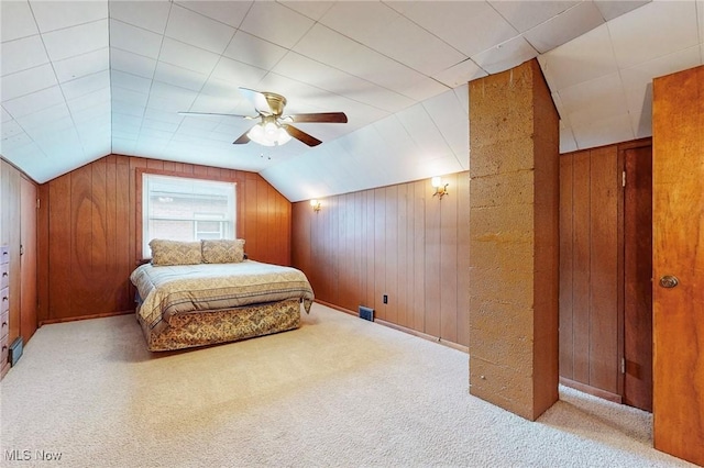 213 Pico St, Steubenville, OH 43952 - bedroom featuring wooden walls, carpet, lofted ceiling, and a ceiling fan