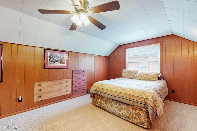 213 Pico St, Steubenville, OH 43952 - carpeted bedroom featuring wood walls, lofted ceiling, and ceiling fan