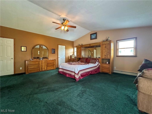 2308 Bears Den Rd, Youngstown, OH 44511 - bedroom featuring a baseboard heating unit, lofted ceiling, carpet flooring, ceiling fan, and baseboards