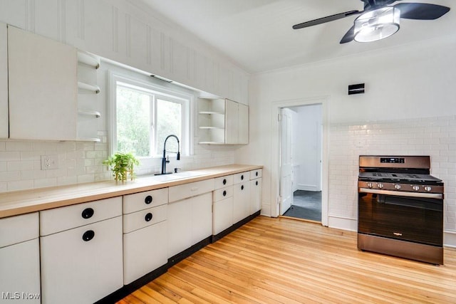 235 Elm St, Oberlin, OH 44074 - kitchen with gas stove, open shelves, a sink, a ceiling fan, and crown molding