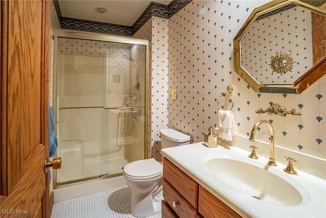 875 N Medina Line Rd, Akron, OH 44333 - full bathroom featuring wallpapered walls, vanity, toilet, a shower stall, and tile patterned flooring