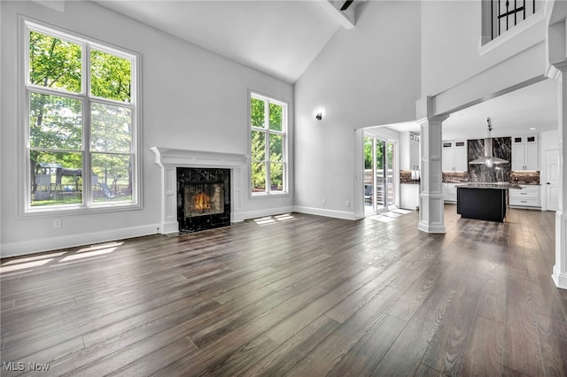 2344 Country Brook Dr, Hinckley, OH 44233 - unfurnished living room with ornate columns, a premium fireplace, dark wood-style flooring, baseboards, and high vaulted ceiling