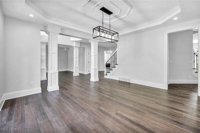 2344 Country Brook Dr, Hinckley, OH 44233 - unfurnished living room with a tray ceiling, recessed lighting, stairway, dark wood-type flooring, and baseboards