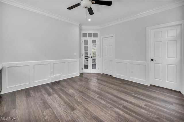 2344 Country Brook Dr, Hinckley, OH 44233 - spare room with a ceiling fan, crown molding, french doors, a decorative wall, and dark wood-style floors