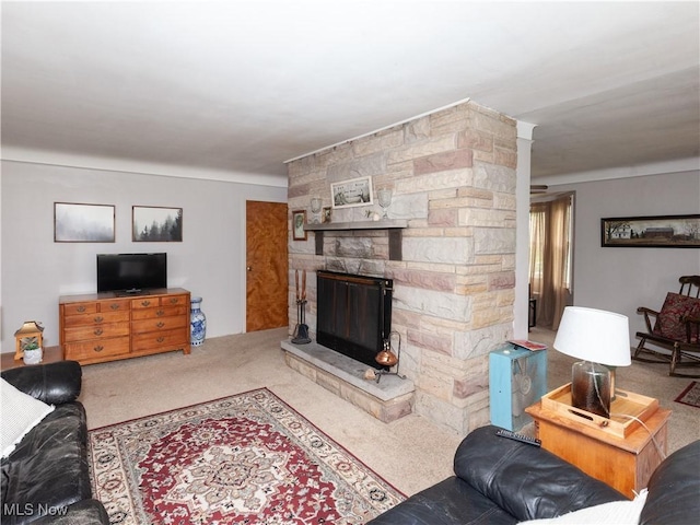 12209 Tinkers Creek Rd, Valley View, OH 44125 - carpeted living area with a stone fireplace