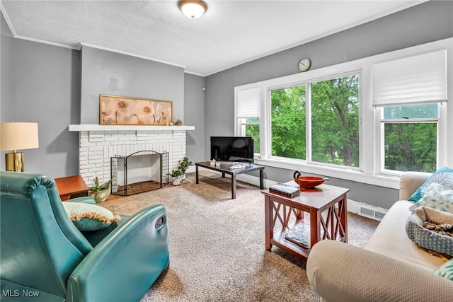 10234 Park Heights Rd, Cleveland, OH 44104 - carpeted living room with a fireplace, ornamental molding, and a textured ceiling