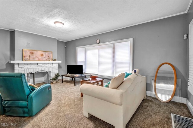 10234 Park Heights Rd, Cleveland, OH 44104 - carpeted living room with a brick fireplace, ornamental molding, baseboards, and a textured ceiling