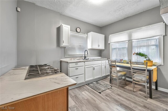 10234 Park Heights Rd, Cleveland, OH 44104 - kitchen with a sink, a textured ceiling, light countertops, white cabinetry, and light wood-type flooring