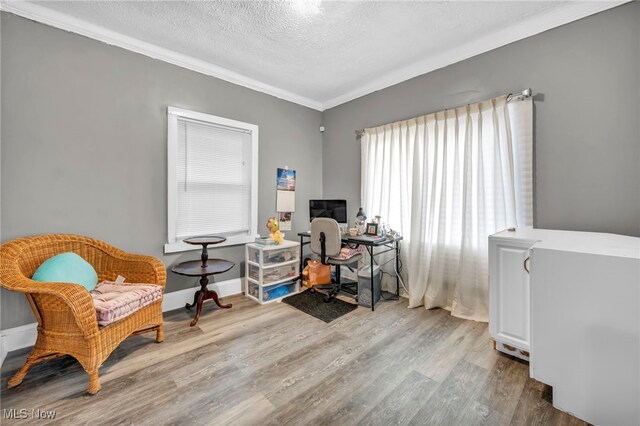 10234 Park Heights Rd, Cleveland, OH 44104 - office featuring wood finished floors, a textured ceiling, crown molding, and baseboards