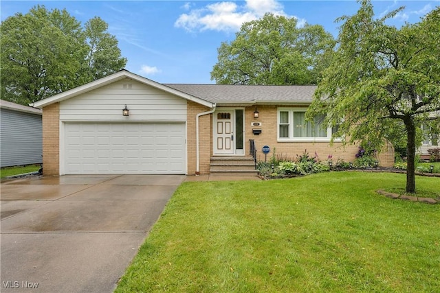 6705 Glenallen Ave, Solon, OH 44139 - ranch-style home featuring brick siding, concrete driveway, a front lawn, an attached garage, and entry steps