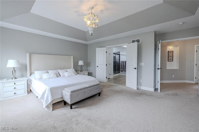 443 S Hametown Rd, Copley, OH 44321 - bedroom featuring light carpet, a tray ceiling, baseboards, and a chandelier